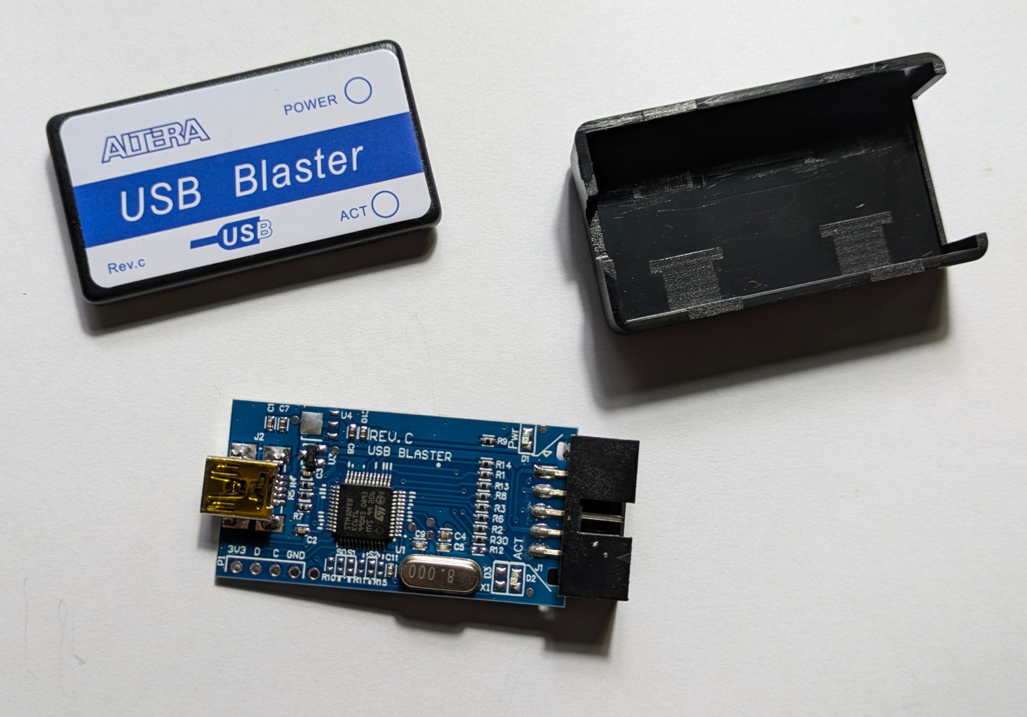 Disassembled Blaster clone. The PCB is quite sparse and mostly only serves to support the STM32 MCU